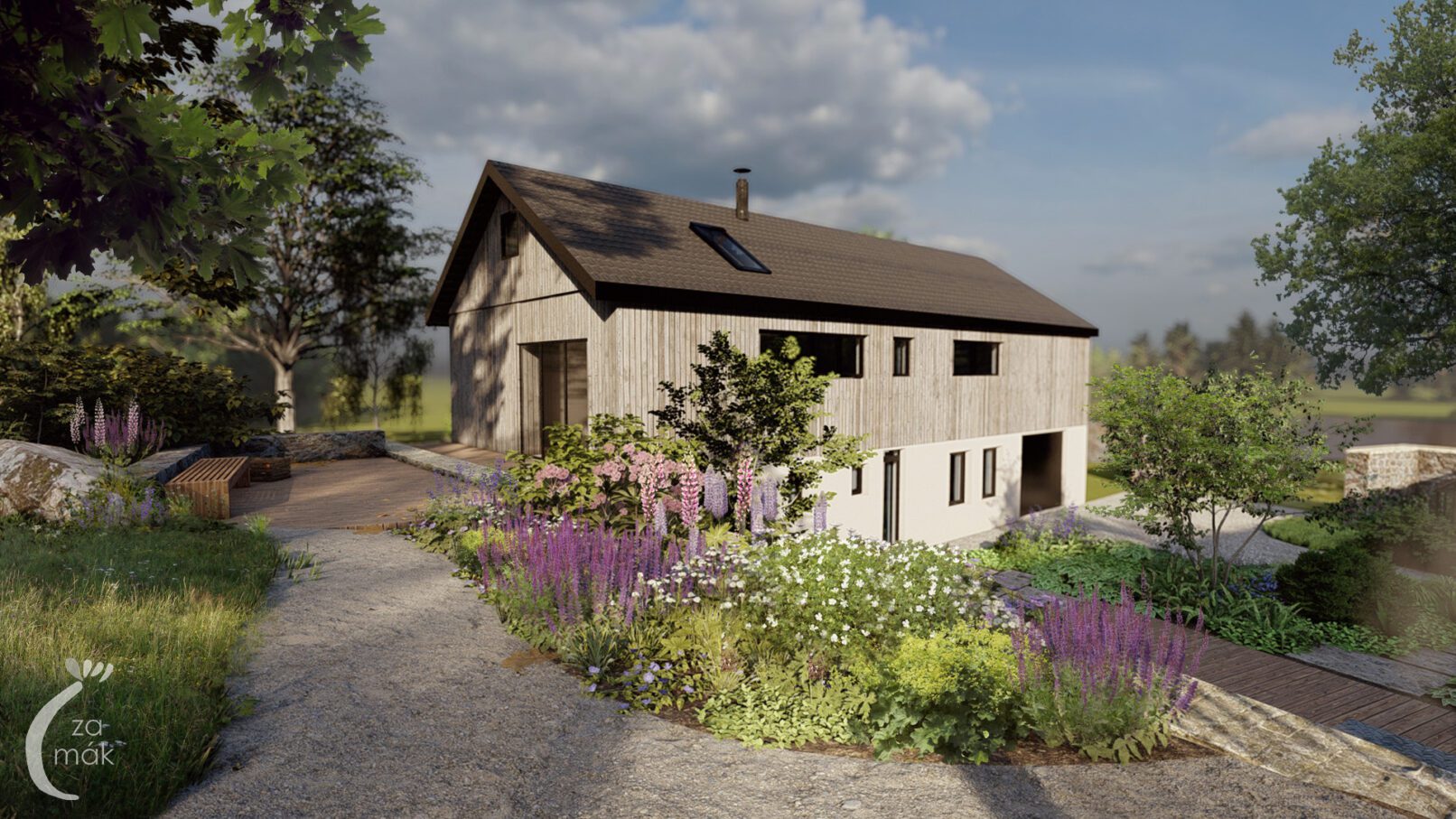 návrh dvorku - propojení s domem ve dvou úrovních