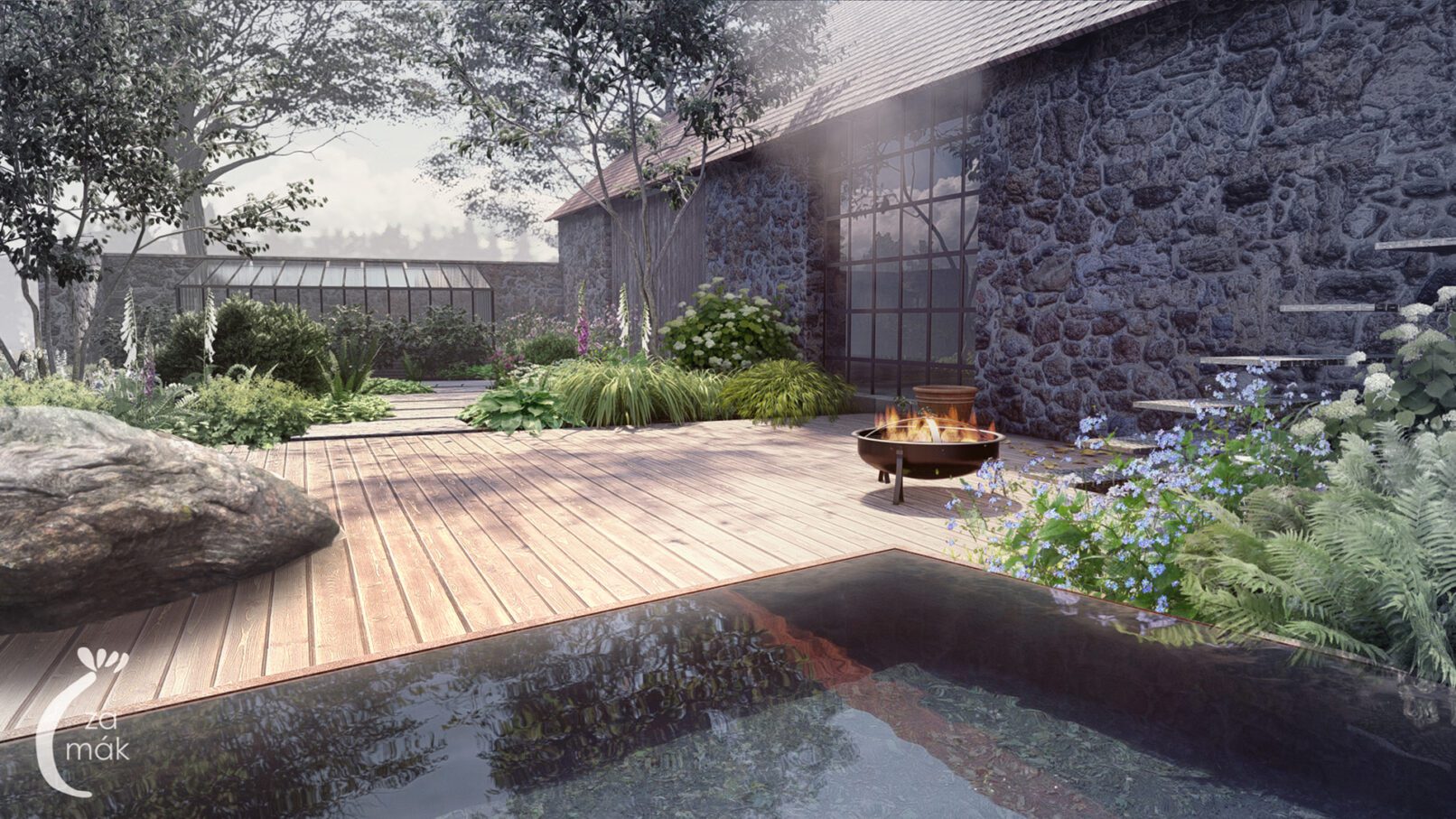 návrh dvorku - vodní prvek s terasou