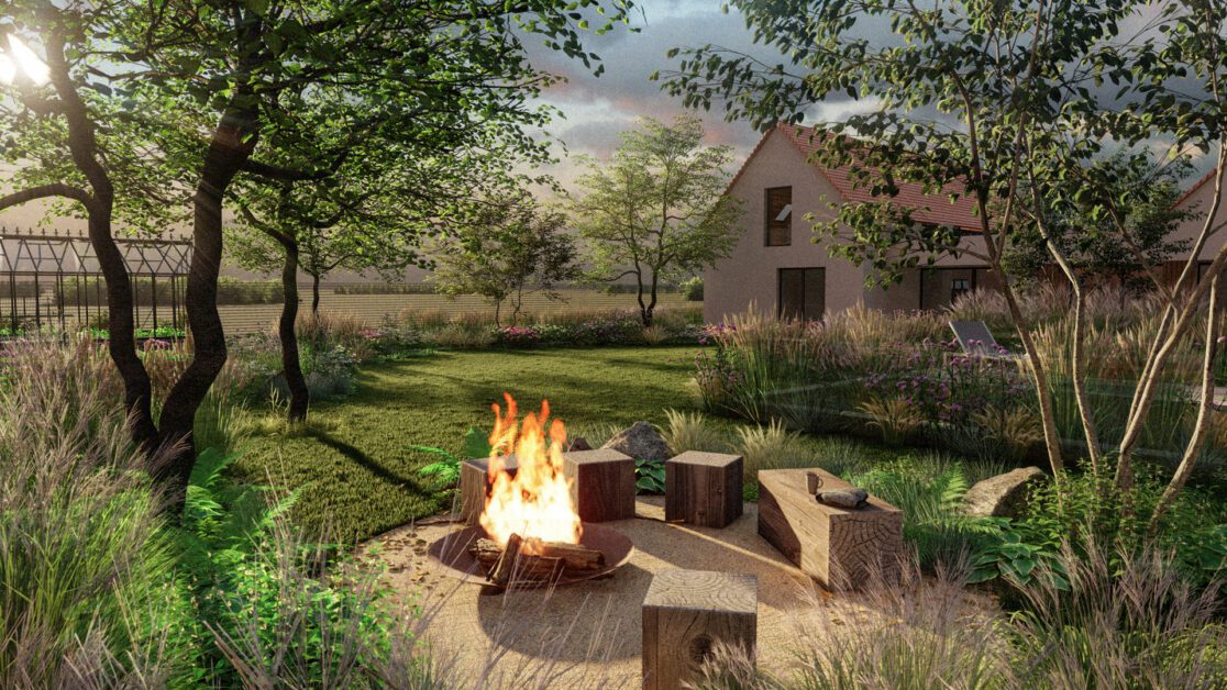 ohniště v zahradě u rodinného domu