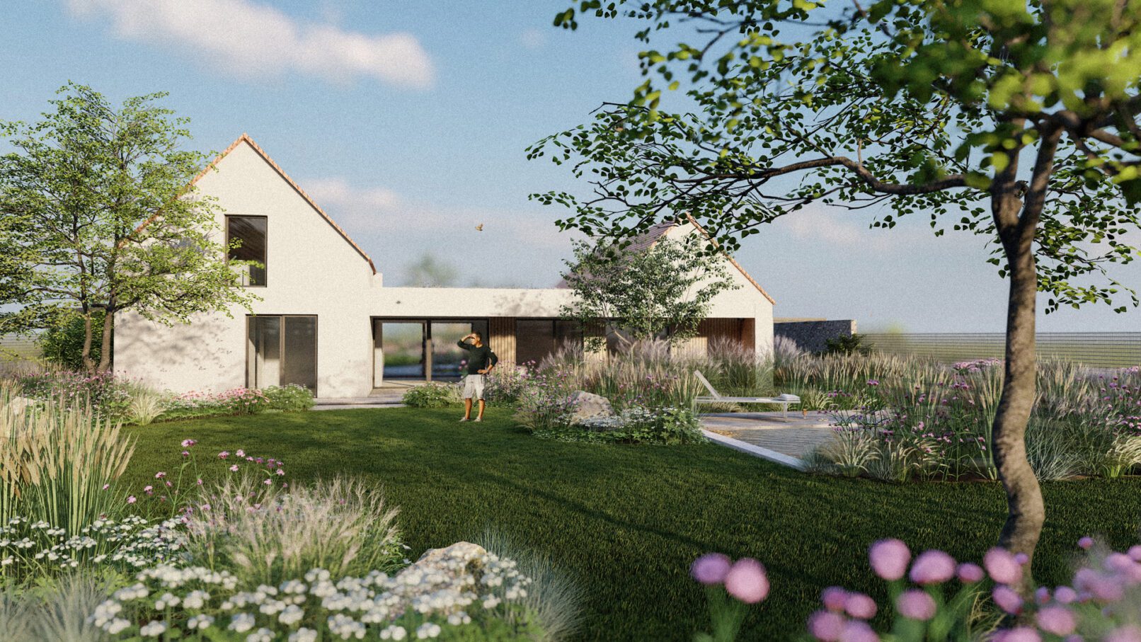 pohled přes zahradu na dům